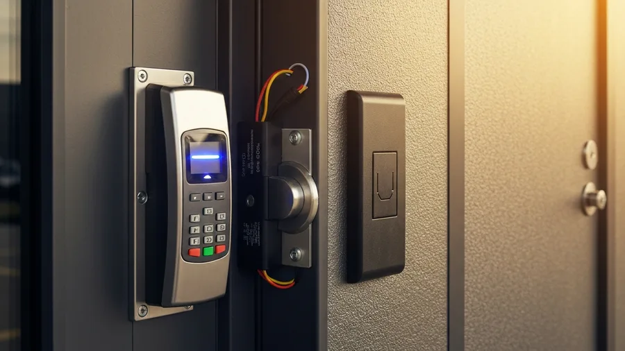 Commercial door access control systems reader and electric strike on a steel door at an Ohio facility