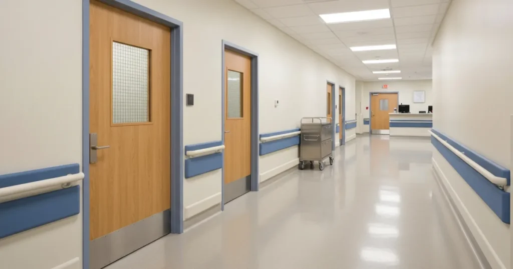 Hospital corridor with fire-rated patient room doors and stainless kick plates