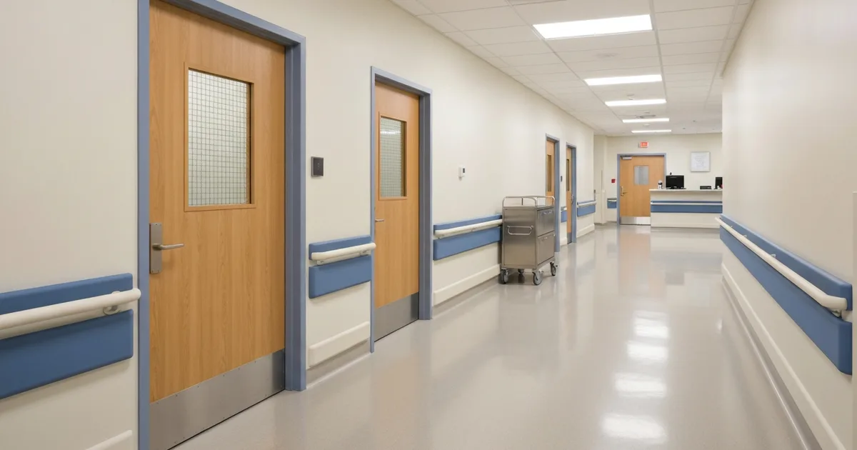 Hospital corridor with fire-rated patient room doors and stainless kick plates