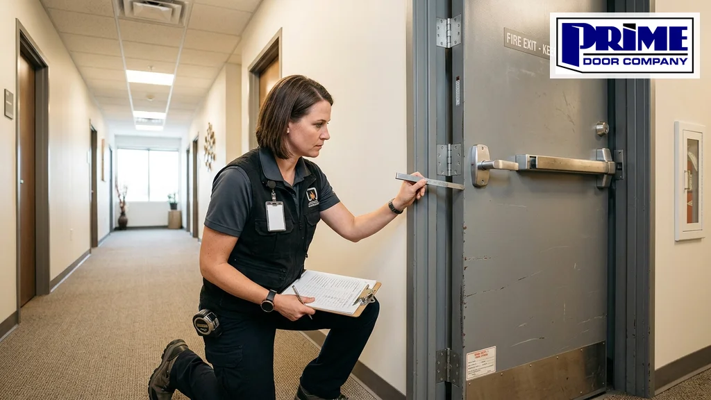 Fire door inspection checklist technician measuring clearance gaps for NFPA 80 compliance